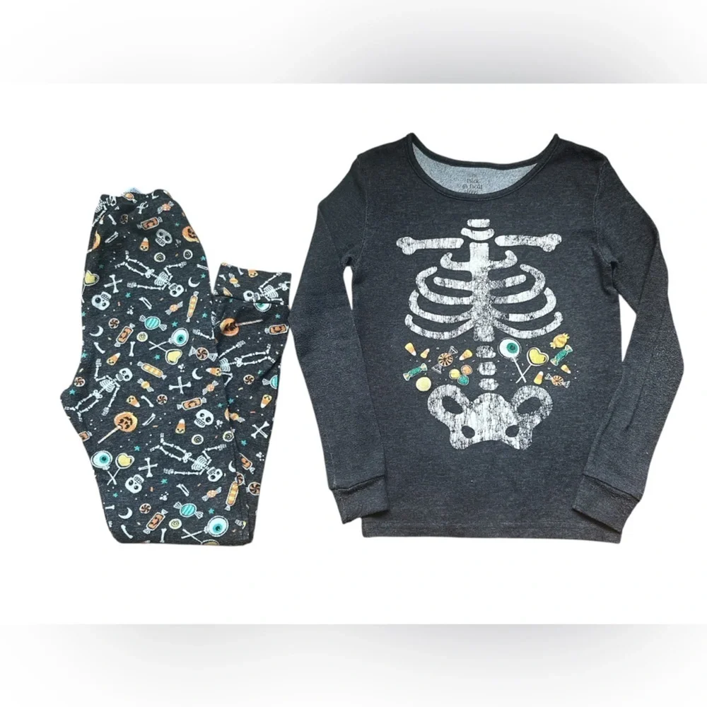 Halloween Skeleton Pajama Set Candy Print Kids Cozy Sleepwear Size 8 Fits 6-7